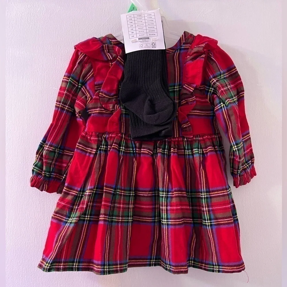 Baby Girls Plaid Dress Outfit with Matching Tights size 6-9 M